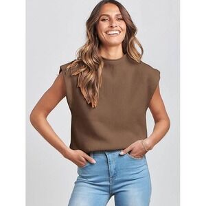 ANRABESS Women Brown Ribbed Mock Neck Sleeveless Sweater Top Size S